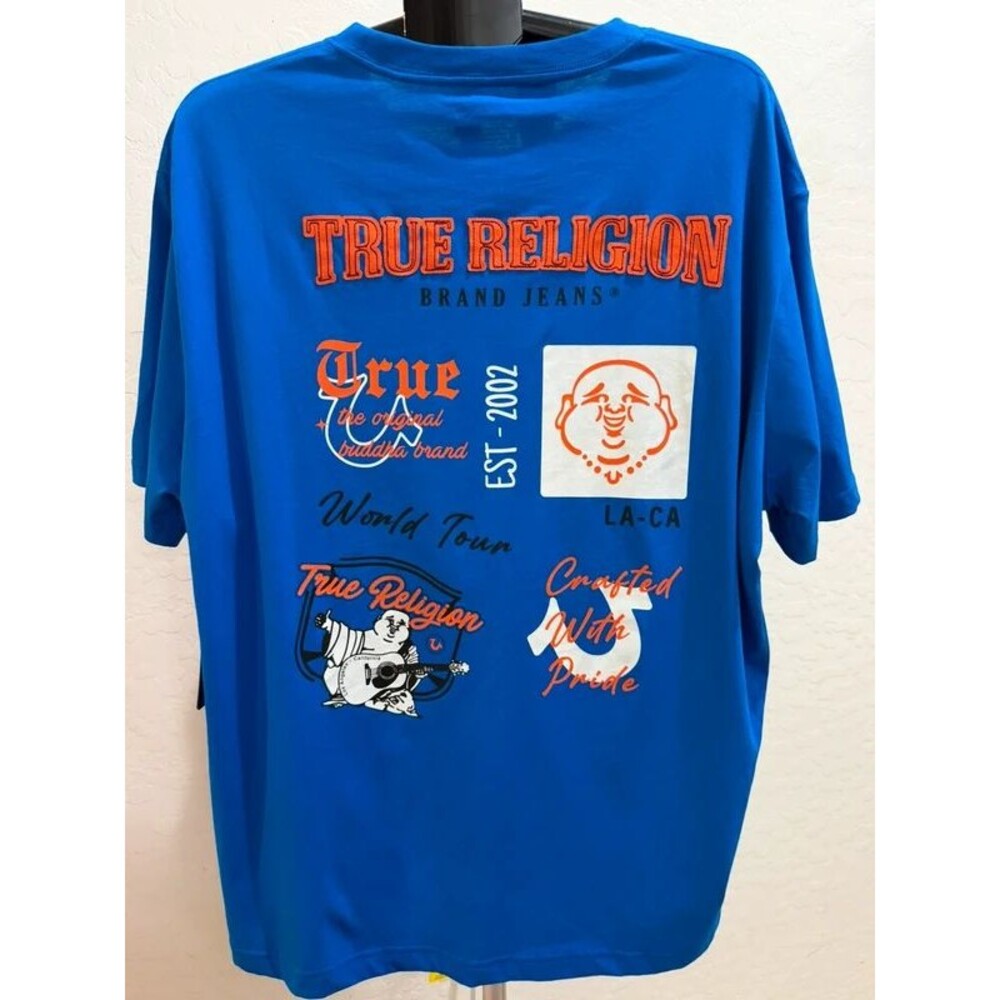 True Religion Applique Multi Buddha Graphic Tee 2XL NWT Imperial Blue